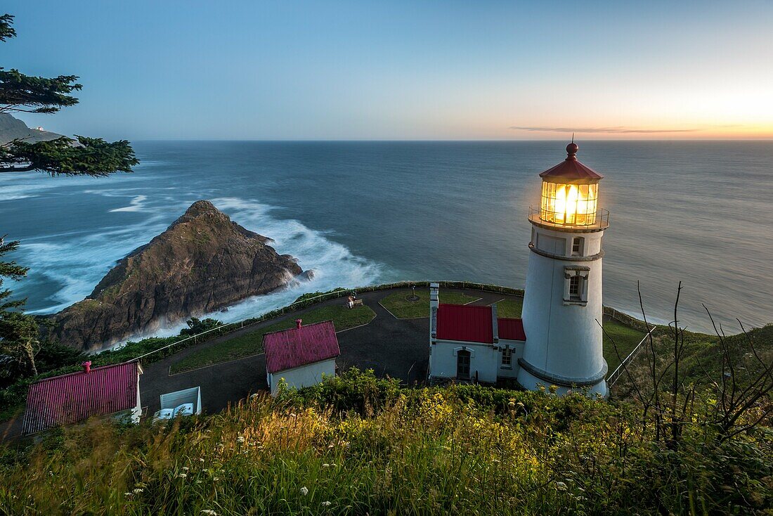 Heceta Head lighthouse at dusk, Oregon Coast, USA.