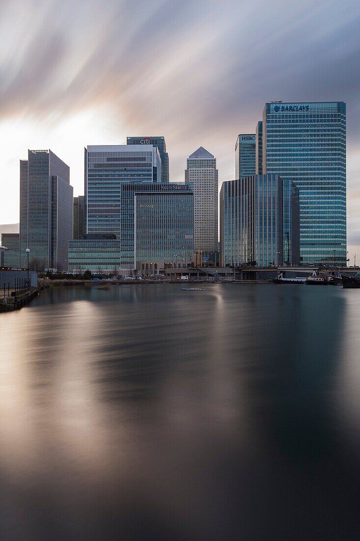 Winter evening at Canary Wharf, London, England.