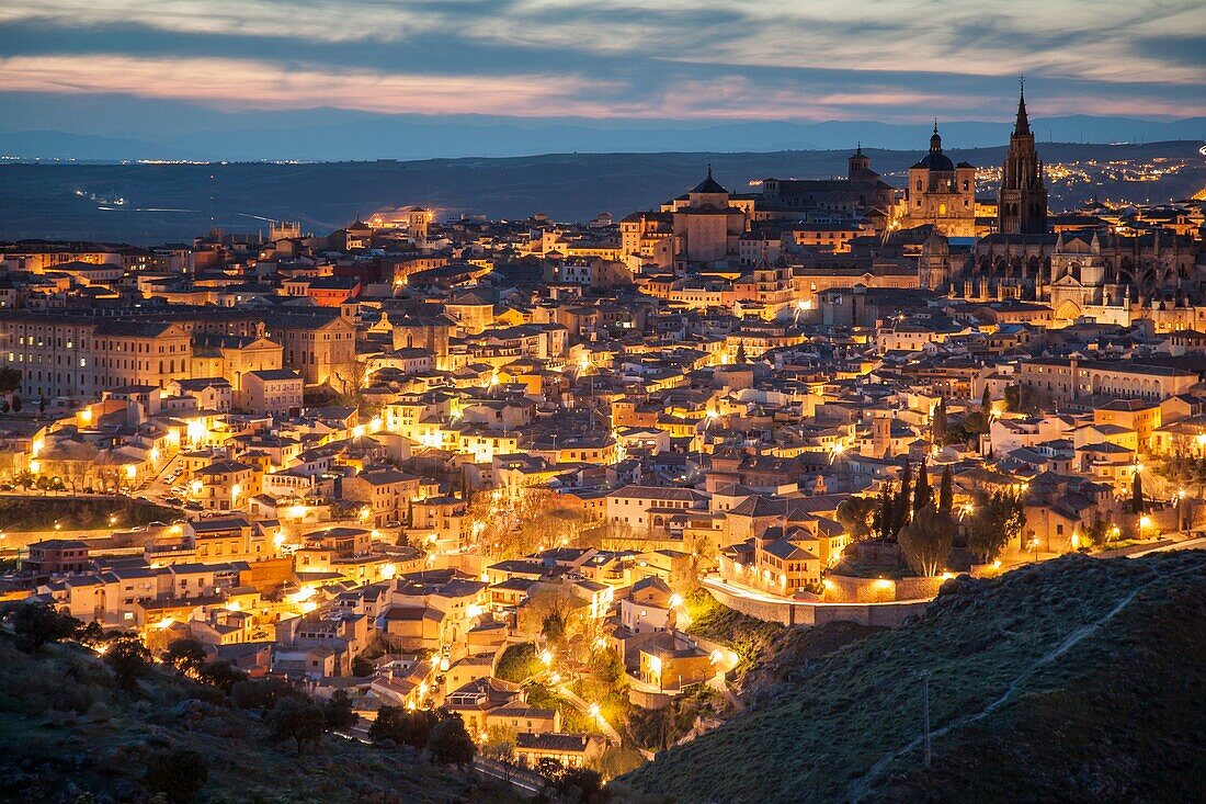 Panorama of Toledo old town at nightfall, Castilla-La Mancha, Spain.
