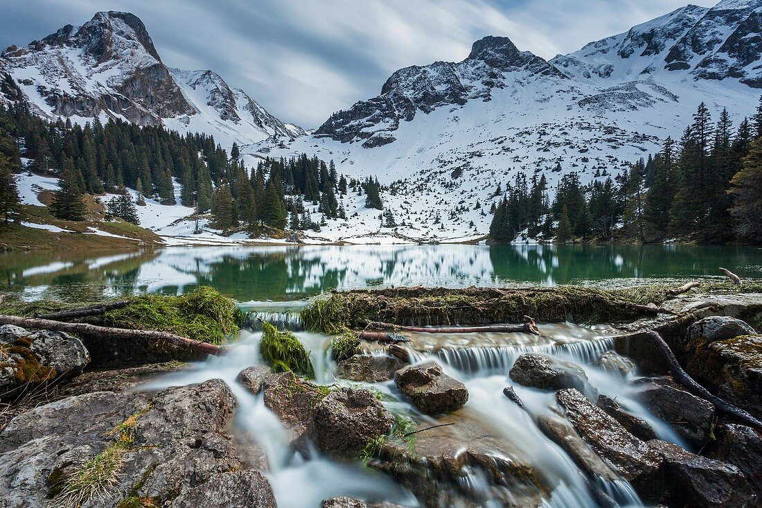 Gantrischseeli, a small mountain lake in Gantrisch Natural Park, canton of Bern, Switzerland.