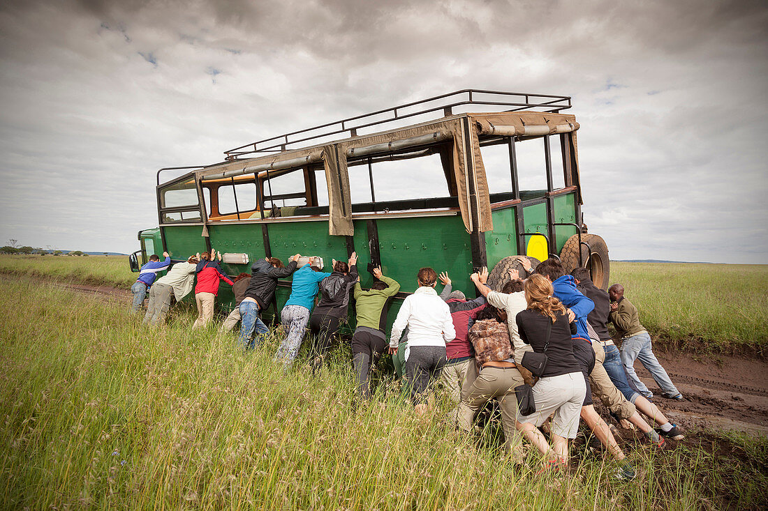 truck safari in serengeti national park.