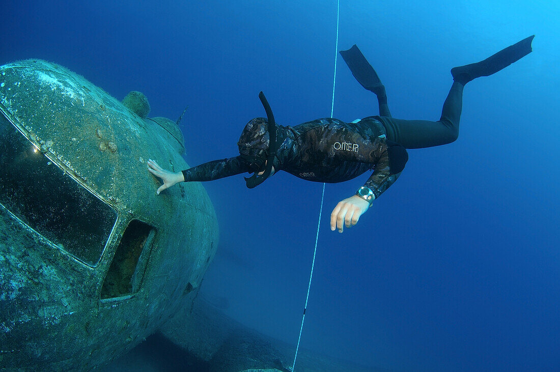 Freediver and wreckplan Douglas Dakota, Mediterranean Sea, Kash, Turkey.