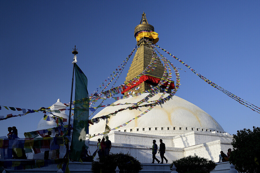 Silhouette in front of the Bodnath stupa. Nepal, Kathmandu valley, Bodnath.
