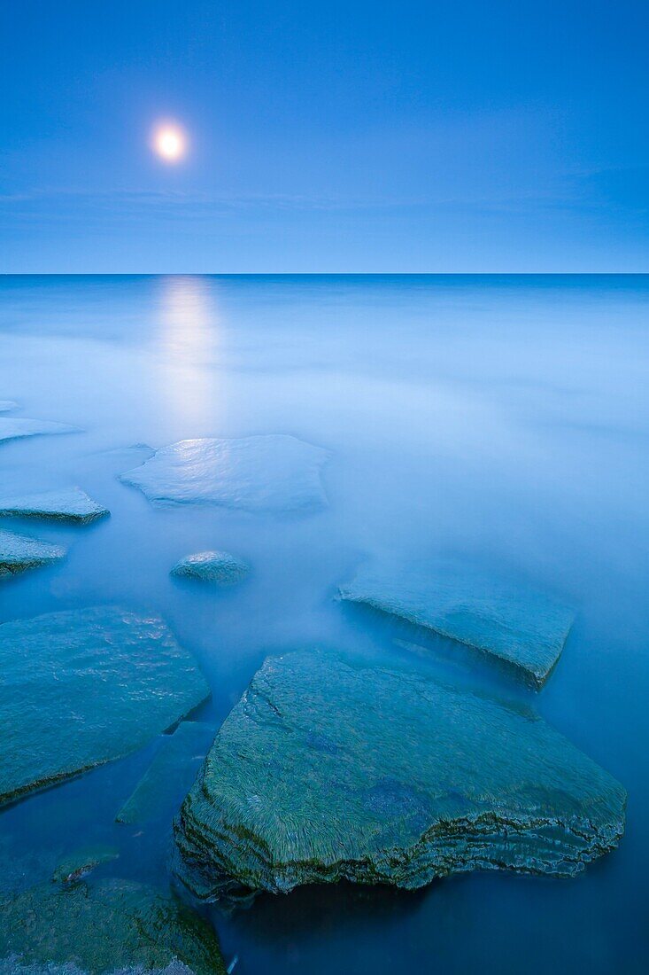 Algae covered rocks in Lake Ontario at dusk with a full moon. Oakville, Ontario, Canada.