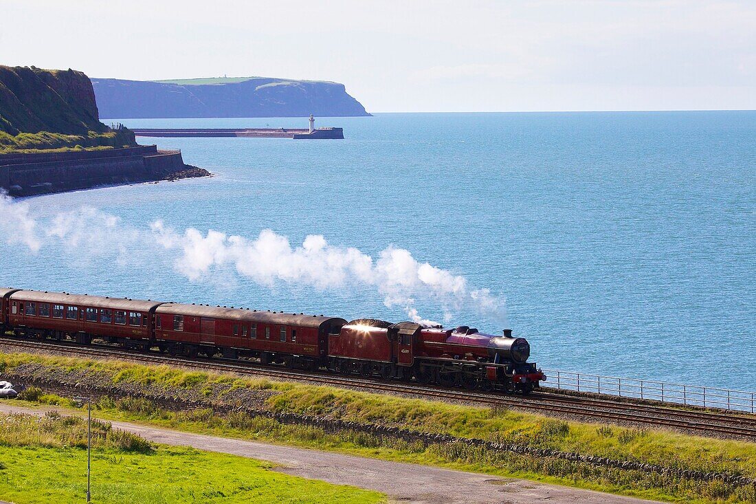 Steam locomotive LMS Jubilee Class 45699 Galatea. Tanyard Bay, Parton, Whitehaven, Cumbria, England, UK.