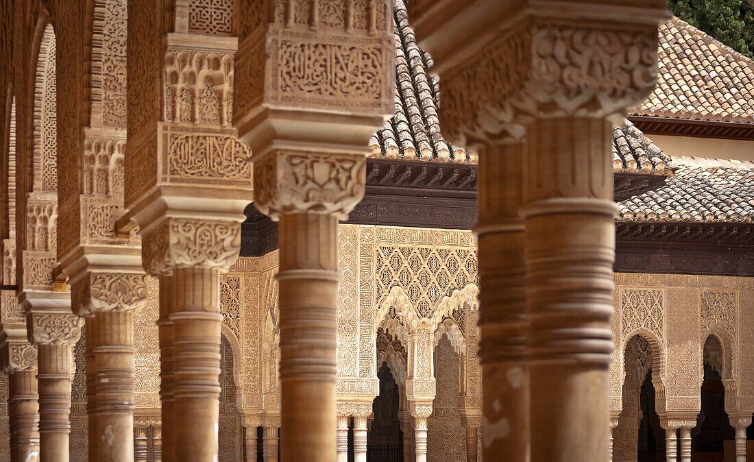 Court of the Lions (Patio de los Leones) in the Alhambra, Granada. Andalucia, Spain.
