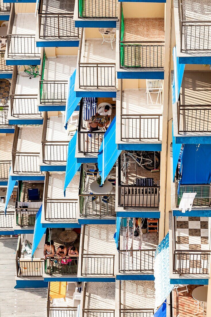 Terraces on building tourist apartments in Oropesa, Castellón, Spain.