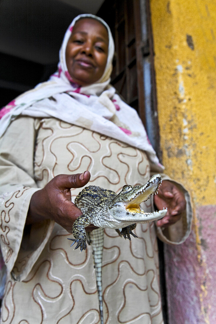 woman whith little cayman in elephantine island. asuan.