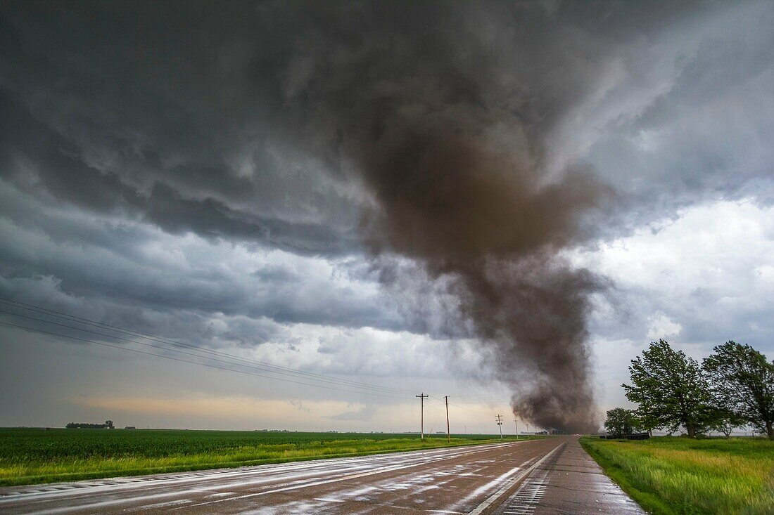 Tornado from a tornadic supercell approaches from the south, west of York Nebraska June 20, 2011.