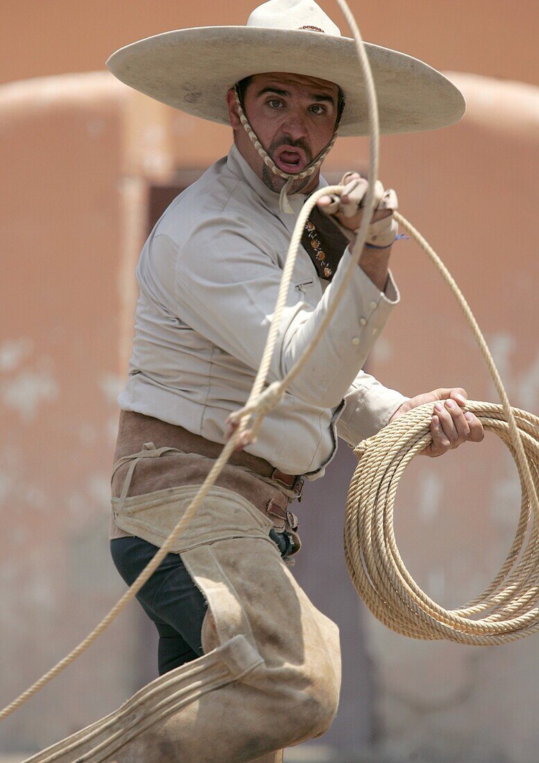 Mexican Cowboys compete in our National Sport, La Charreria. In the Lienzo Charro teams perform several disiplines to win prizes. San Luis Potosi, Mexico.