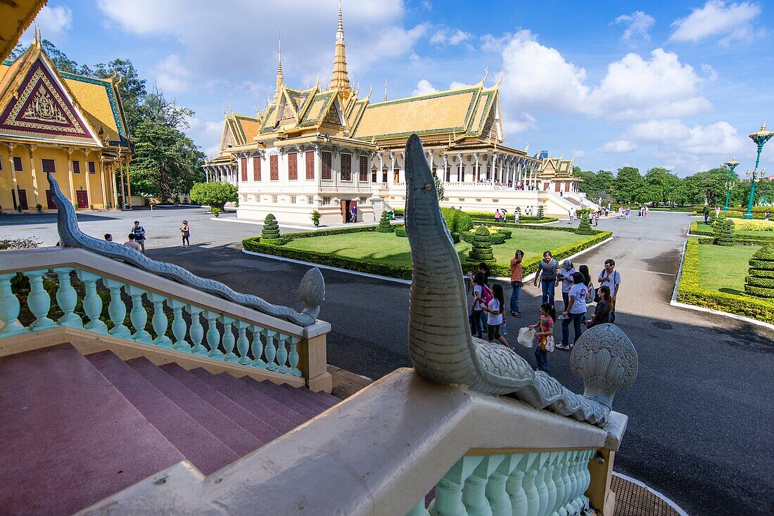 View from Phochani Pavilion. An open hall originally constructed as a classical dance theater. The Pavilion is currently used for Royal receptions and meetings. Built in 1912. The Royal Palace complex, Daun Penh District, Phnom Penh, Cambodia, Southeast A
