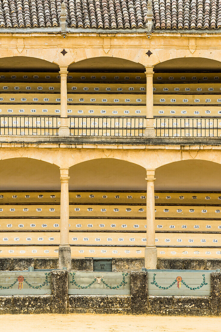 The grandstand of the historical bullfight arena Plaza de Toros de Ronda, Ronda, Andalusia, Spain