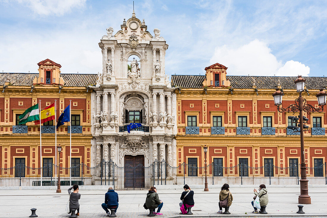 Tourists in front of the San Telmo palace  in the historical centre, Seville, Andalusia, province Seville, Spain