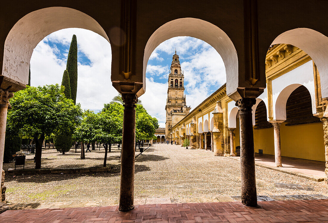 Der Glockenturm der Kathedrale Mezquita-Catedral de Córdoba, eingerahmt vom Bogengang, Cordoba, Andalusien, Spanien