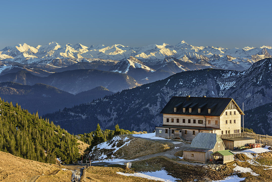 Hut Rotwandhaus in front of Tauern, Rotwand, Spitzing area, Bavarian Alps, Upper Bavaria, Bavaria, Germany