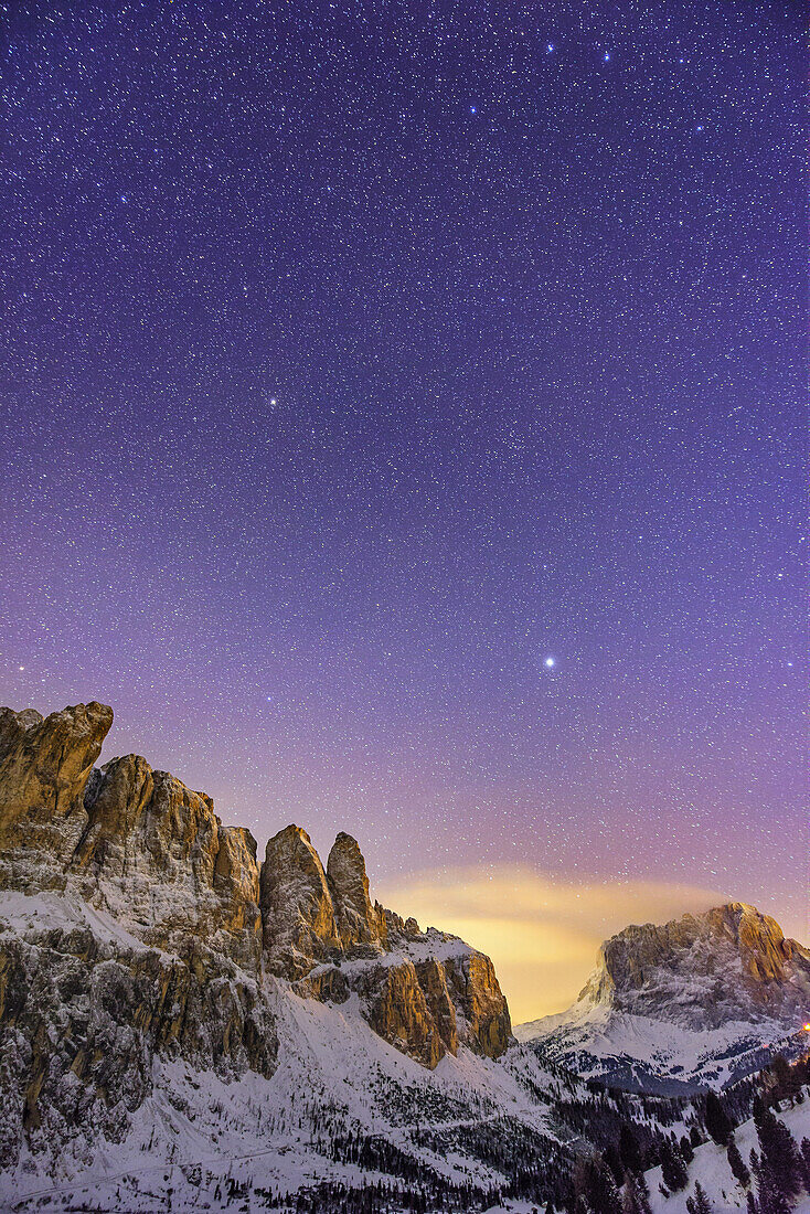 Starry sky above Sella and Langkofel, Dolomites, UNESCO World Heritage Dolomites, Venetia, Italy