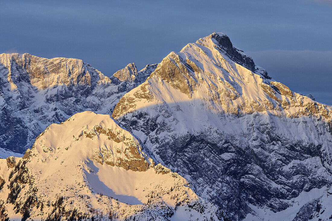 Alpenglow at Sonnjoch in Karwendel range, from hut Erfurter Huette, Rofan range, Tyrol, Austria