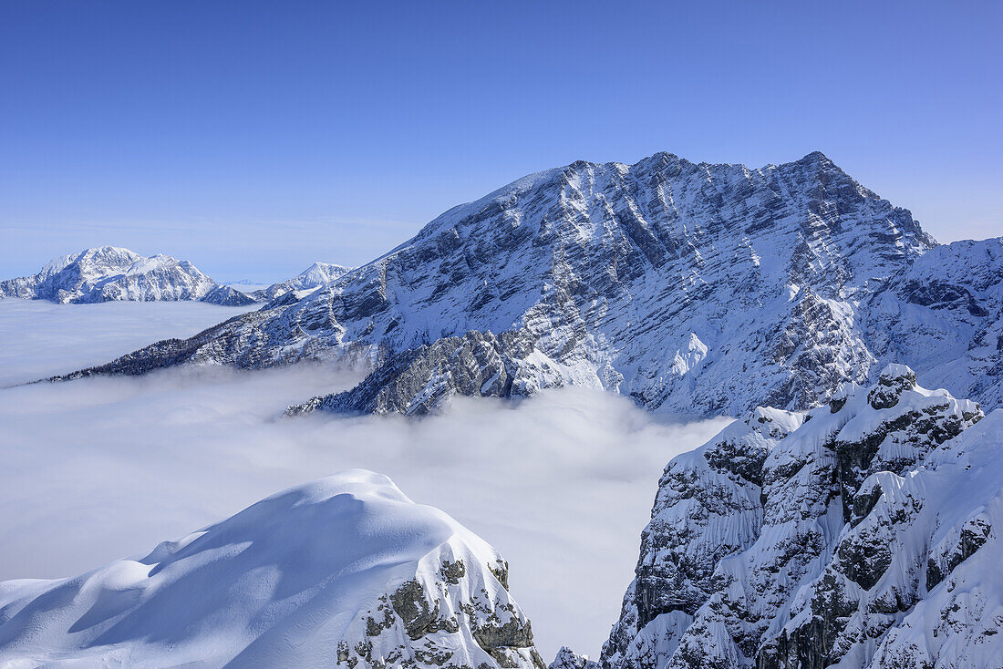 Watzmann above sea of fog, Hoher Goell in background, Hochalm, Hochkalter, National Park Berchtesgaden, Berchtesgaden Alps, Berchtesgaden, Upper Bavaria, Bavaria, Germany