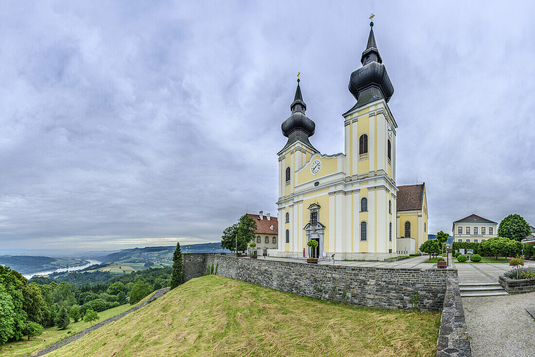 Panorama with church Maria Taferl, Danube valley in background, Maria Taferl, Danube Bike Trail, Lower Austria, Austria