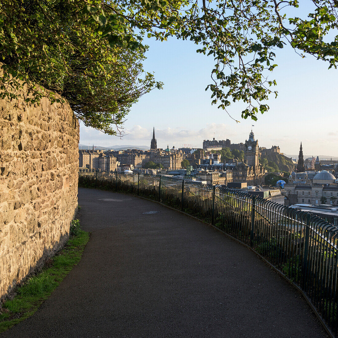 'Walkway with stone wall and railing, Calton Hill; Edinburgh, Scotland'