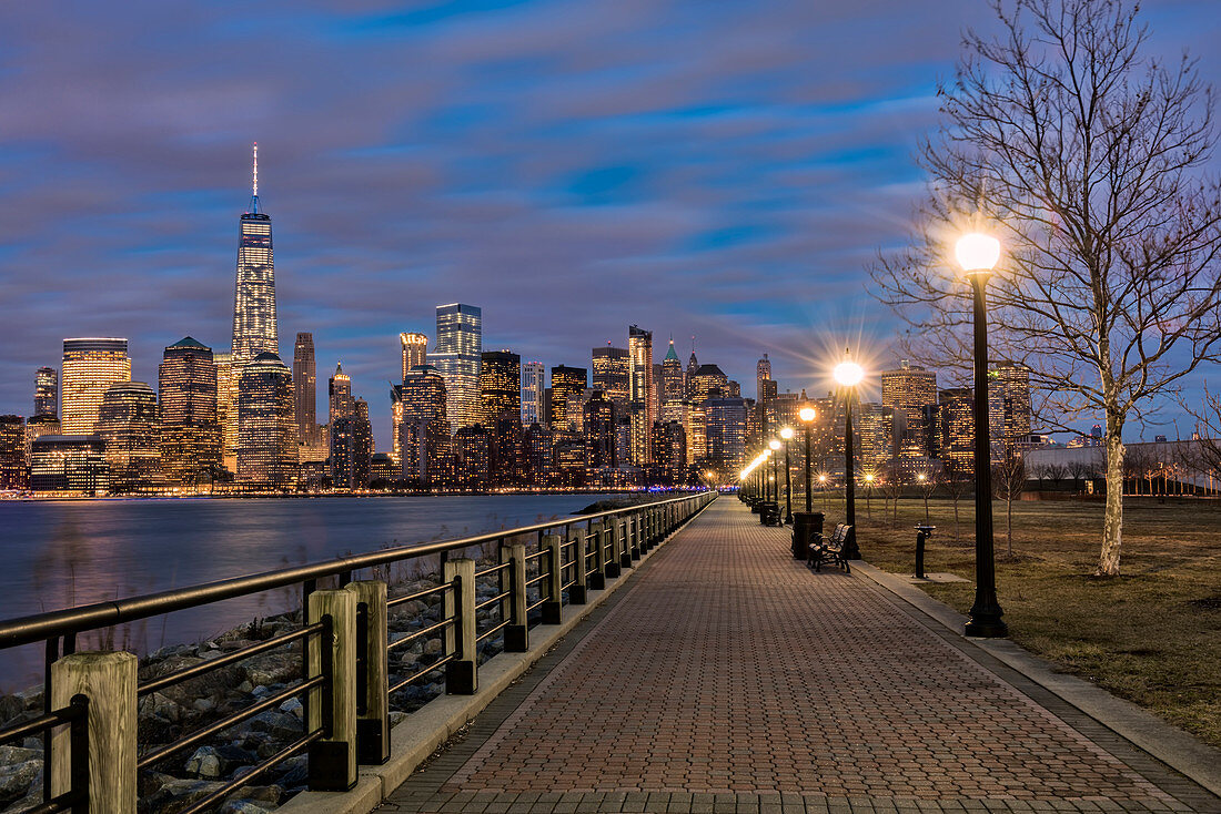 'Manhattan skyline at twilight, Liberty State Park; Jersey City, New Jersey, United States of America'