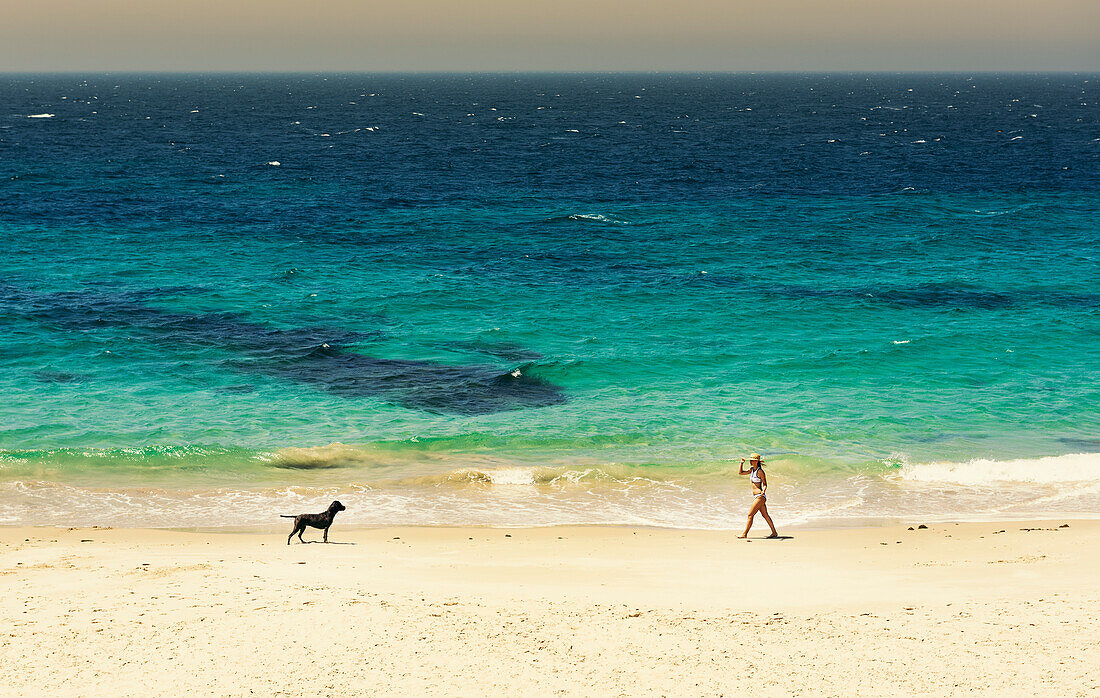 'A young woman walks on the beach of the mediterranean sea with her dog; Tarifa, Cadiz, Andalusia, Spain'