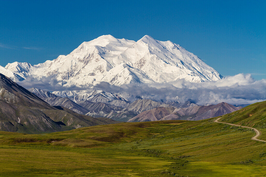 View of Mt. McKinley on a sunny day from Stony Overlook, Denali National Park and Preserve, Interior Alaska, Summer.