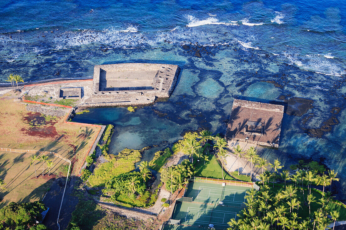 'Historic Hawaiian temples (heiau) in Keauhou, Hawaii, with Ke’eku on left, Hapaiali’i on right; Keauhou, Island of Hawaii, Hawaii, United States of America'