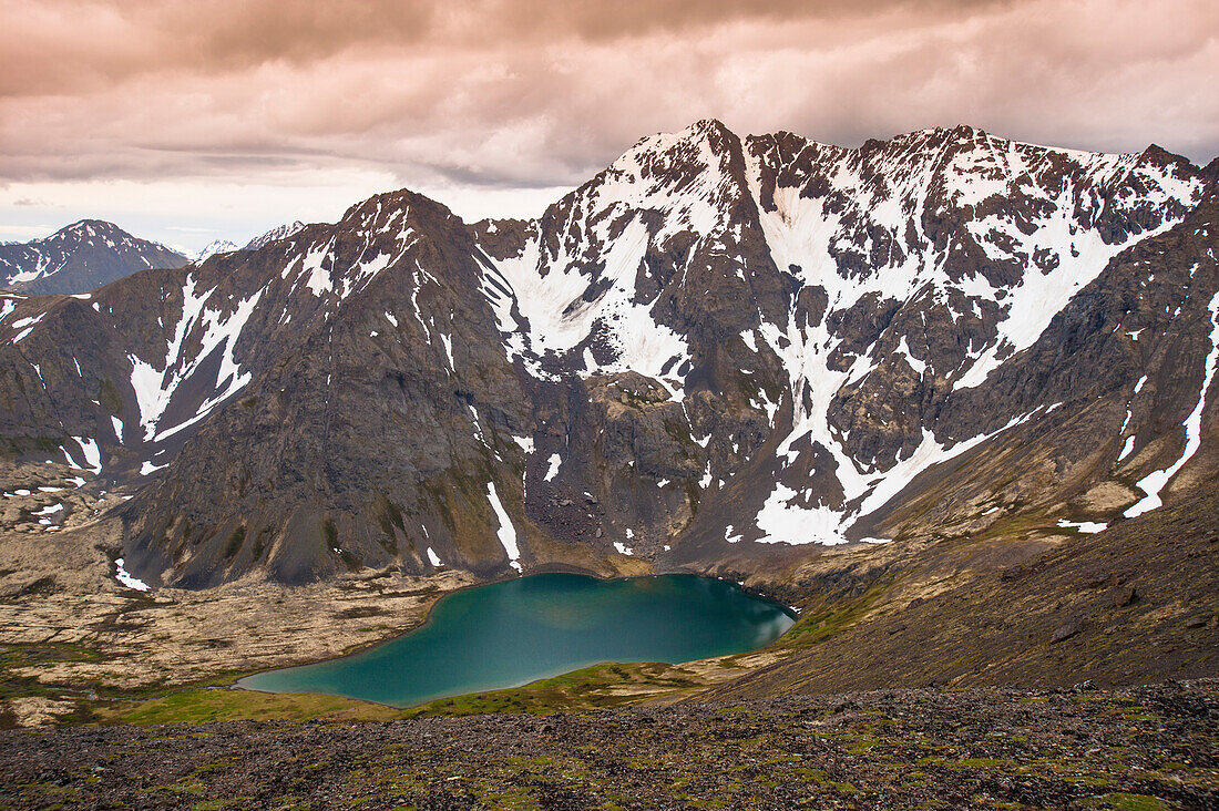 Scenic view of Skip Lake and valley from Ship Pass in the Chugach State Park near Anchorage, Southcentral Alaska, summer