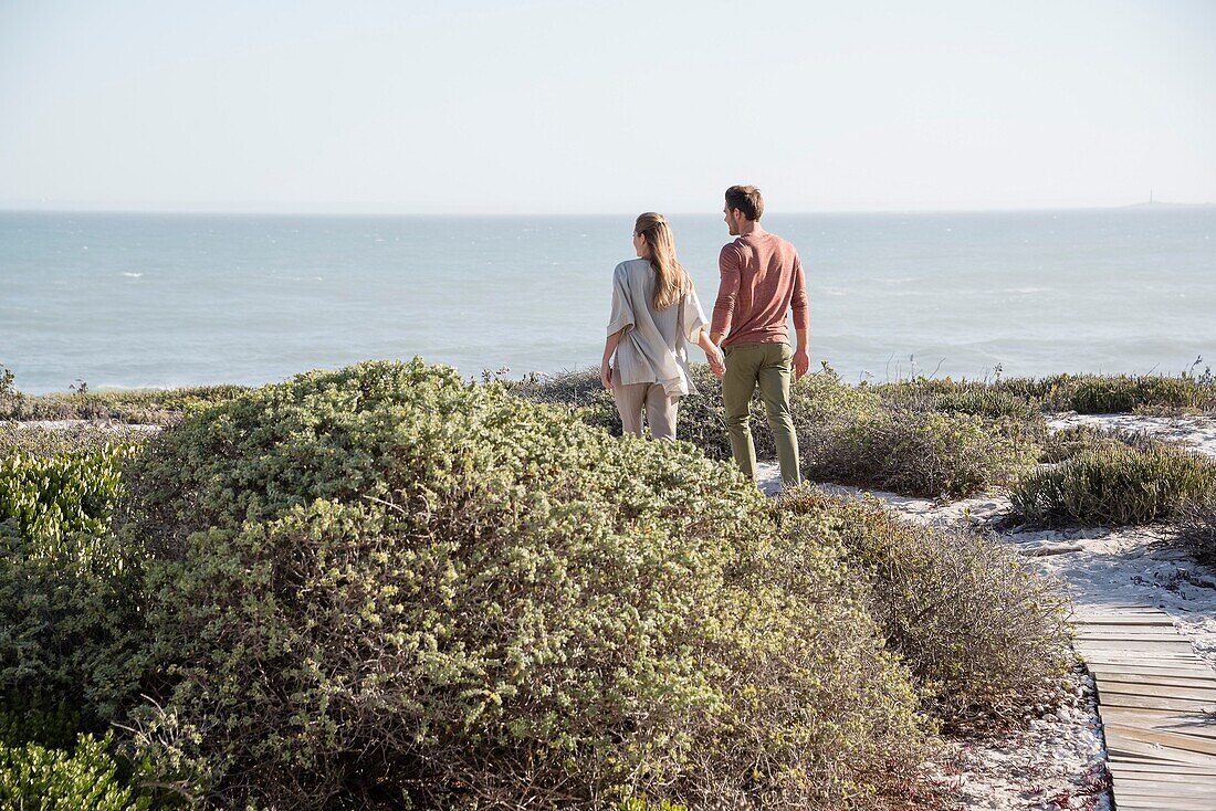 Happy couple walking on the beach