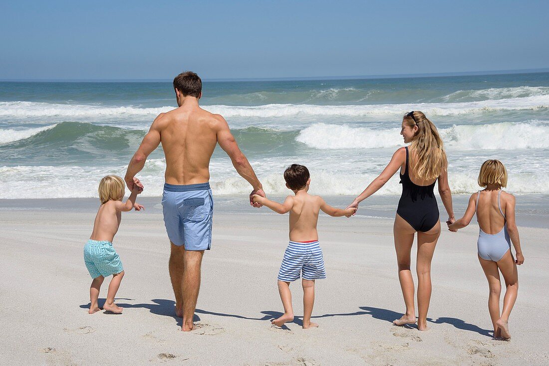 Rear view of a family walking on the beach