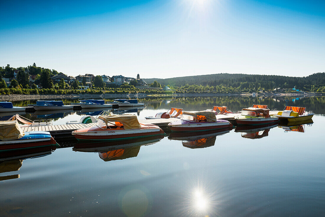 Morning atmosphere with rowing boats, lake Schluchsee, Black Forest, Baden-Wuerttemberg, Germany