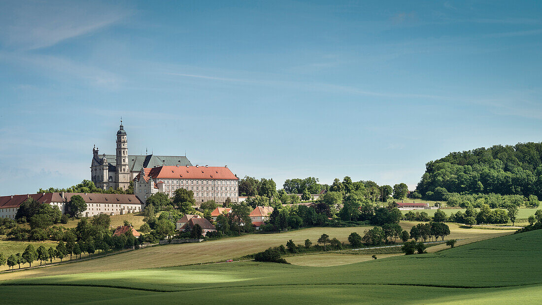 view at Benedictine abbey at the so called Haertsfeld, Neresheim monastry, Ostalb district, Swabian Alb, Baden-Wuerttemberg, Germany
