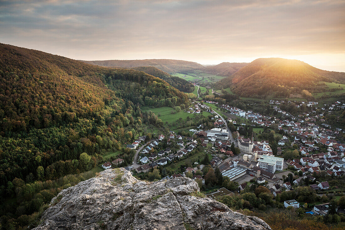 autumn view from Rosenstein rock at Triumph company in Heubach, at sunset, Aalen, Ostalb district, Swabian Alb, Baden-Wuerttemberg, Germany