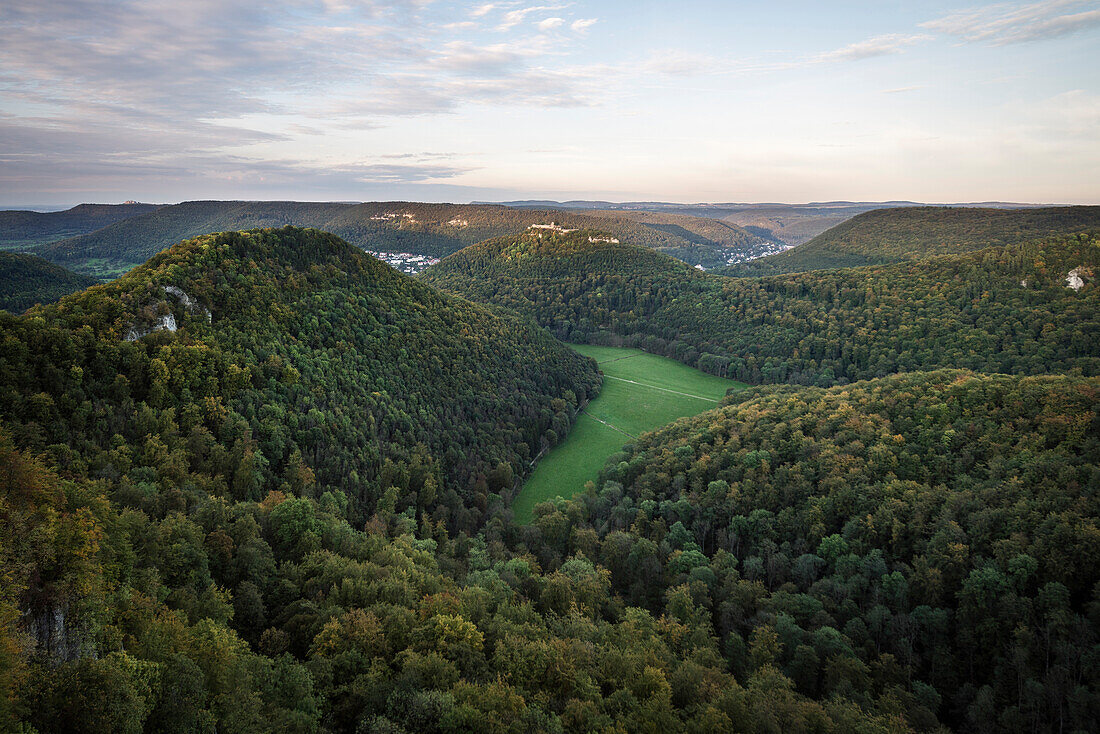 view at fortress Hohenurach and Hohenneuffen, Bad Urach, Reutlingen district, Swabian Alb, Baden-Wuerttemberg, Germany