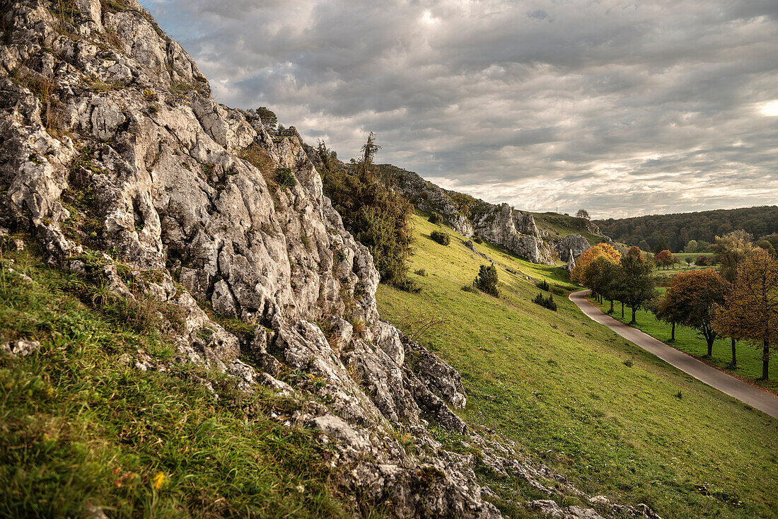 view towards so called stoned virgins at Eselsburg valley, river Brenz valley around Herbrechtingen, Heidenheim district, Swabian Alb, Baden-Wuerttemberg, Germany