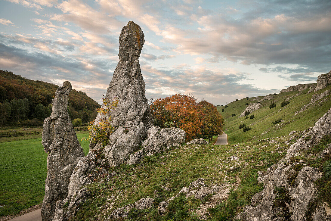 the so called stoned virgins are the icon of Eselsburg valley, autumn, river Brenz valley around Herbrechtingen, Heidenheim district, Swabian Alb, Baden-Wuerttemberg, Germany