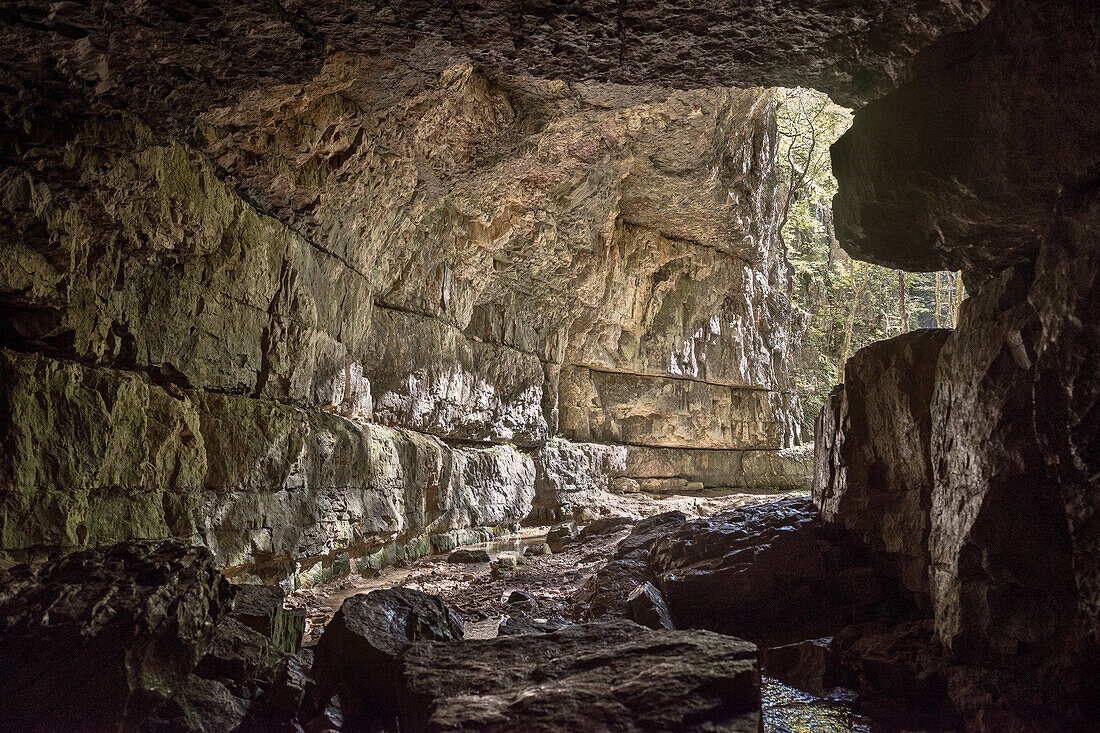 die Finkensteiner Höhle bei Bad Urach, Landkreis Reutlingen, Schwäbische Alb, Baden-Württemberg, Deutschland