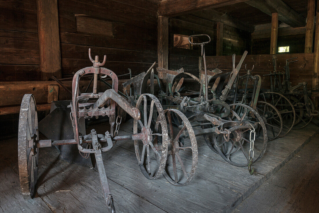 old horse ploughs at open air museum in Neuhausen ob Eck, Tuttlingen district, Swabian Alb, Baden-Wuerttemberg, Germany