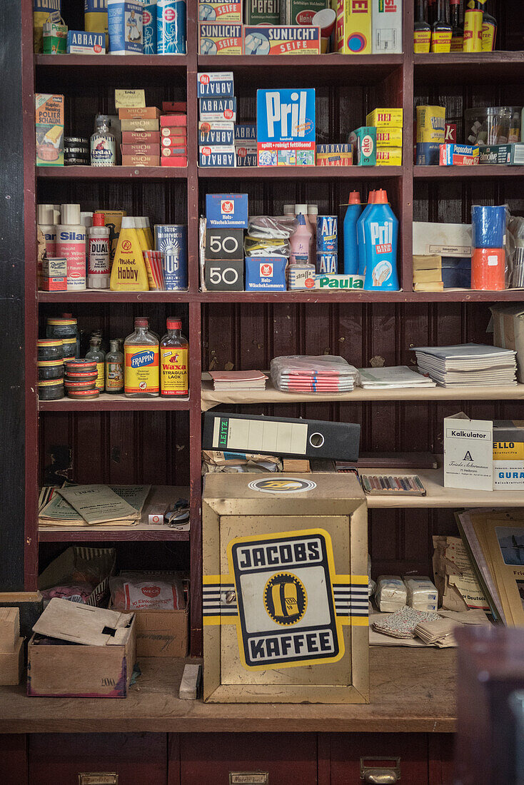 historical corner shop with products from past decades, open air museum in Neuhausen ob Eck, Tuttlingen district, Swabian Alb, Baden-Wuerttemberg, Germany