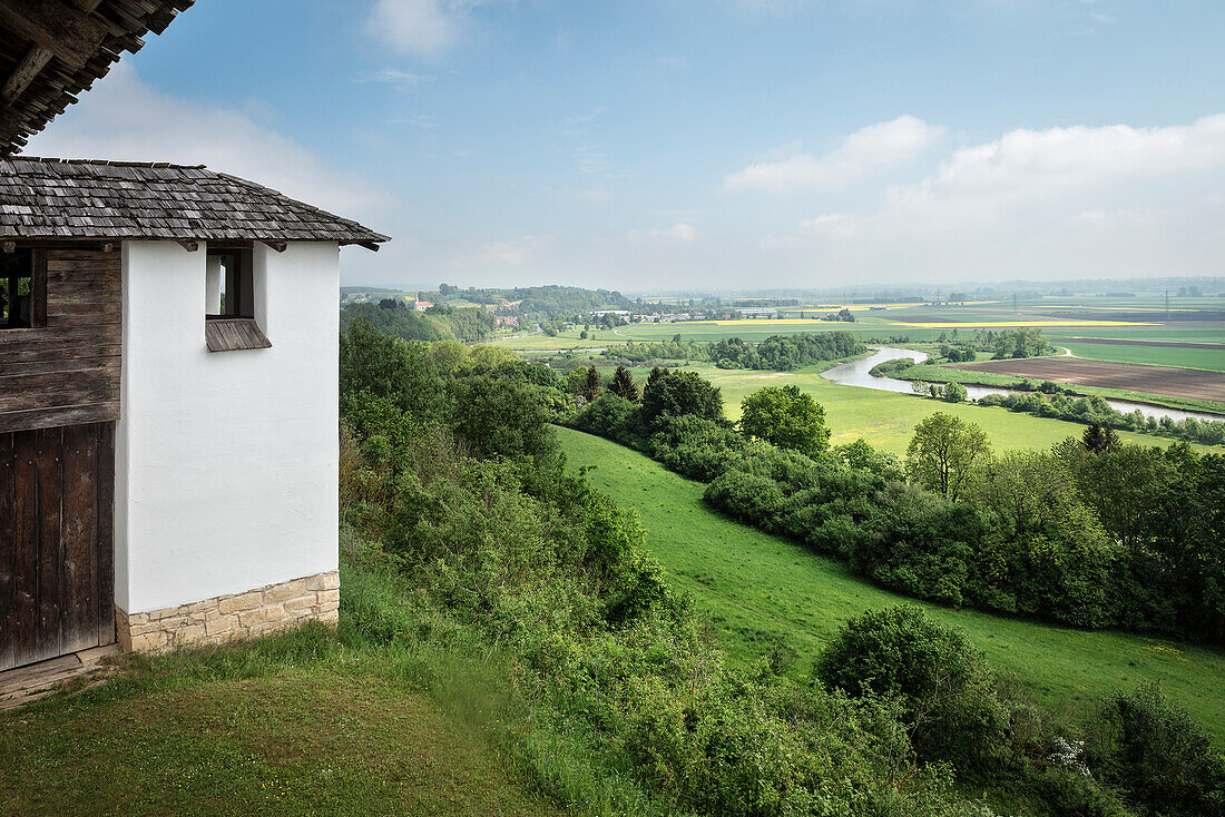 view from open air museum Heuneburg at the Danube River and the surrounding landscape, celtic settlement Pyrene, Hundersingen urban district of Herbertingen, Sigmaringen district, Swabian Alb, Baden-Wuerttemberg, Germany