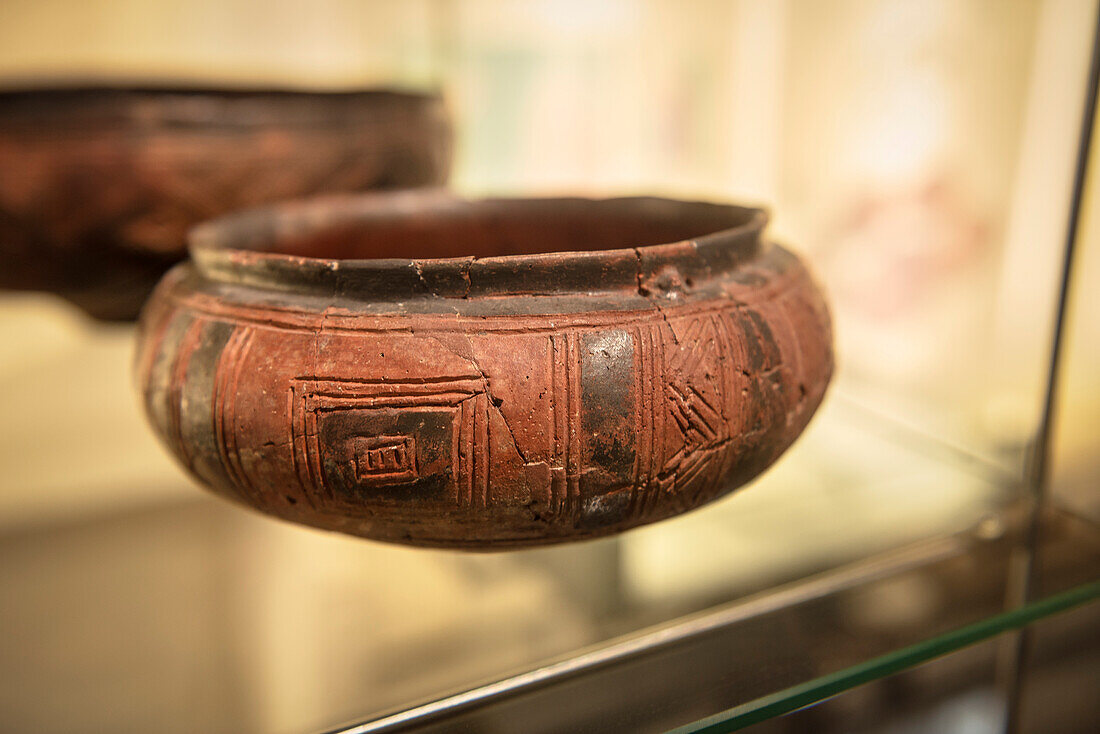 celtic clay pot at open air museum Heuneburg, celtic settlement Pyrene, Hundersingen urban district of Herbertingen, Sigmaringen district, Swabian Alb, Baden-Wuerttemberg, Germany