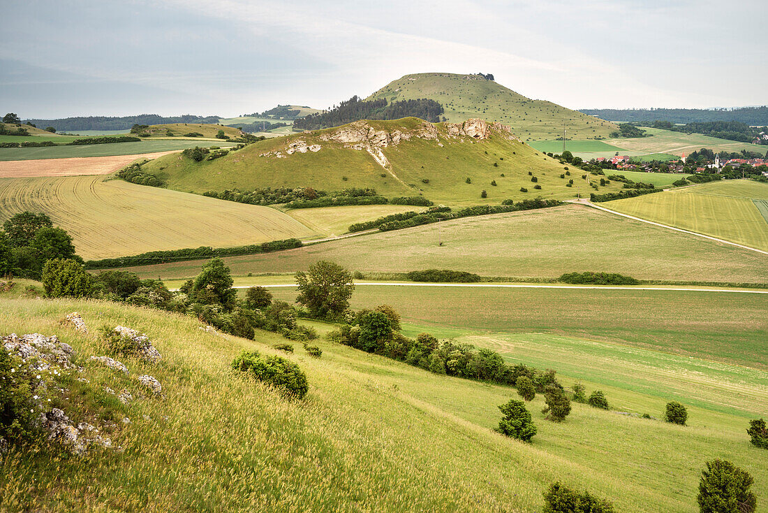 the Ipf Mountain is a escarpment outlier and former settlement of celtic people, Bopfingen in between Aalen and Noerdlingen, Ostalb district, Swabian Alb, Baden-Wuerttemberg, Germany