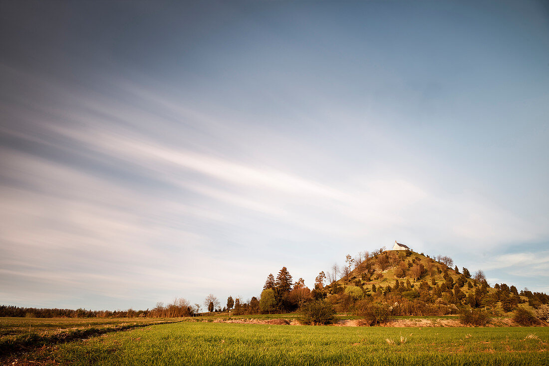 ' pilgrimage chapel ''Salmending Chapel'' at Kornbuehl mountain, district Salmendingen, Zollernalb district, Swabian Alb, Baden-Wuerttemberg, Germany, long time exposure'