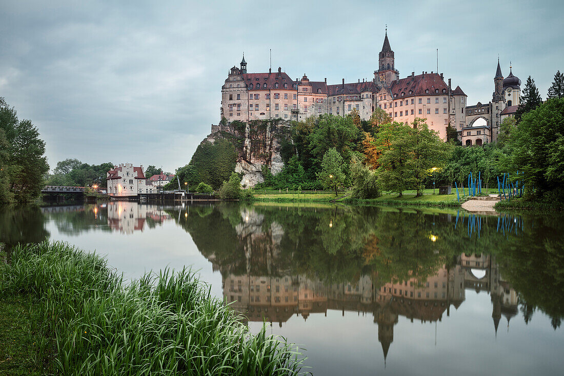 Sigmaringen Castle located is located on a huge rock next to the Danube river, Sigmaringen district, Upper Danube Valley, Swabian Alb, Baden-Wuerttemberg, Germany