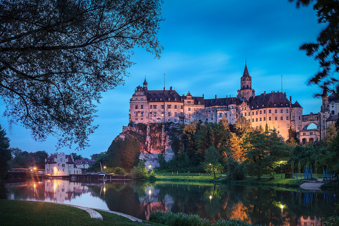 Sigmaringen Castle located is located on a huge rock next to the Danube river, Sigmaringen district, Upper Danube Valley, Swabian Alb, Baden-Wuerttemberg, Germany