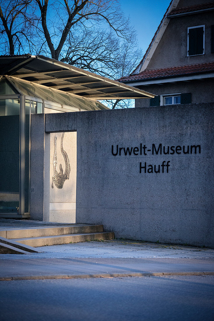 entrance to primeval world museum Hauff, Holzmaden, Esslingen district, Swabian Alb, Baden-Wuerttemberg, Germany