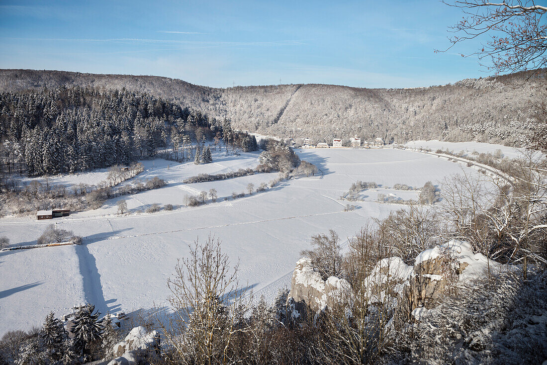 view towards Urspring viallge during winter, Blaubeuren, Alb-Danube district, Swabian Alb, Baden-Wuerttemberg, Germany