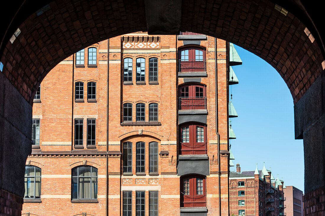 View at the warehouse district Speicherstadt from the inner courtyard of an old office house, Hamburg, Germany