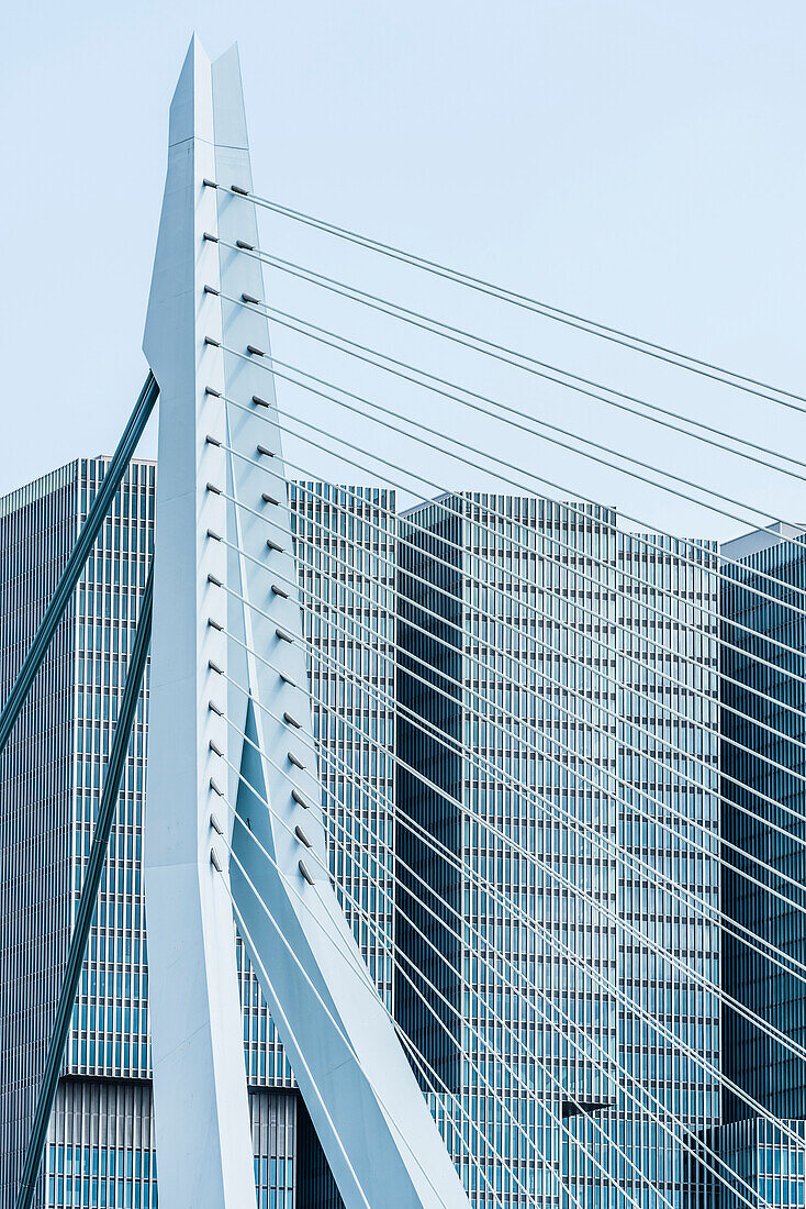 Die Erasmusbrücke mit Blick auf das Hochhaus ''De Rotterdam'' am Südufer der Maas, Rotterdam, Provinz Südholland, Niederlande